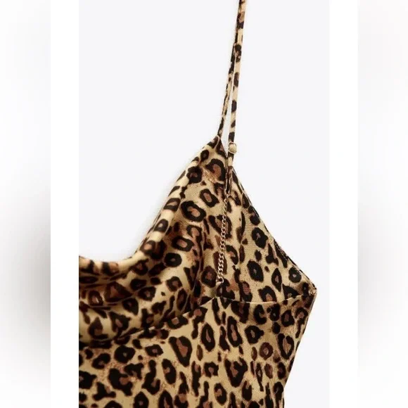 Zara Cami Crop Leopard Animal Print Chain Straps Satin Cami Blouse Tank Top - Picture 6 of 10